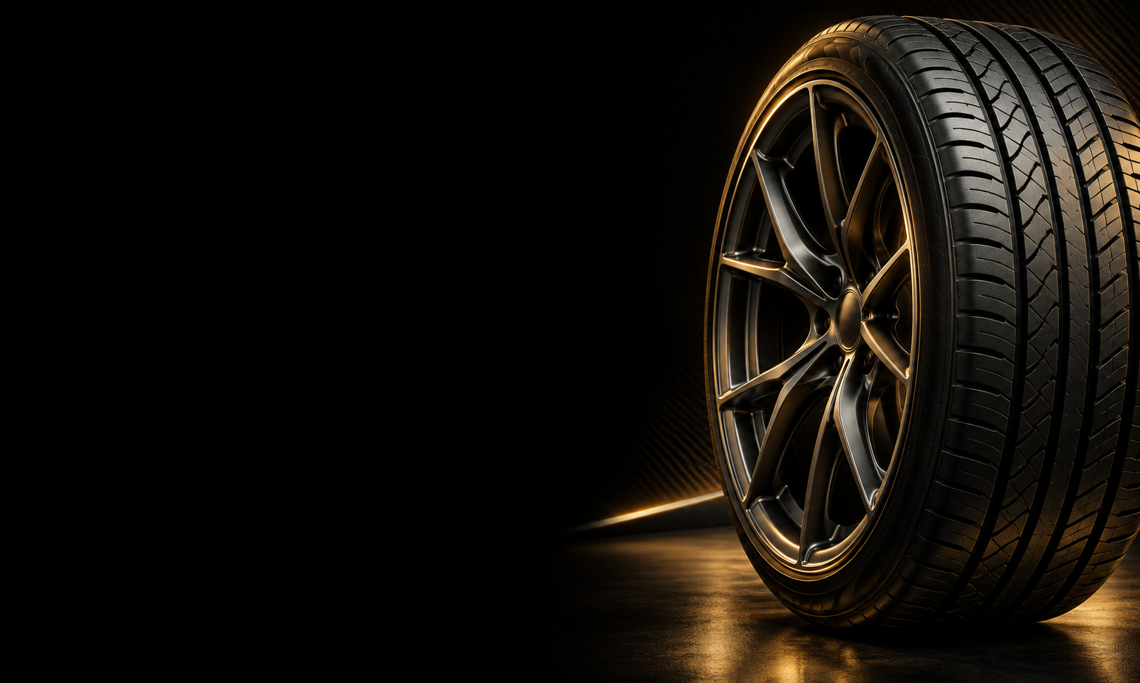 Black tire and alloy wheel with warm gold lighting